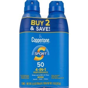 Coppertone Sport SPF 50 Sunscreen Spray, Broad Spectrum Water Resistant, Twin Pack, 11 Oz - 6 Oz , CVS