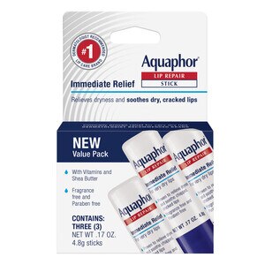 Aquaphor Lip Repair Stick, Soothes Dry Chapped Lips, 3 Pack of .17 OZ Sticks, .51 OZ