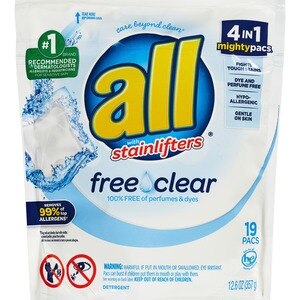 all Mighty Pacs Laundry Detergent, Free Clear for Sensitive Skin, Pouch, 19 CT