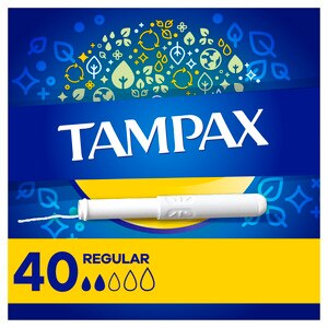 Tampax Cardboard Tampons, Anti-Slip Grip, LeakGuard Skirt, Unscented, Regular, 40 CT