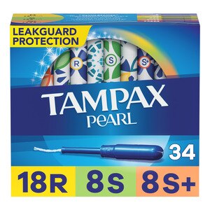 Tampax Pearl Tampons with LeakGuard Braid, Unscented, Regular/Super/Super Plus, 34 CT