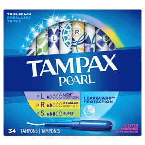  Tampax Pearl Triple Pack (Light/Regular/Super) Plastic Tampons, Scented, 34 Count 
