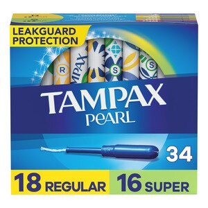 Tampax Pearl Tampons Duo Pack, Regular/Super Absorbency, Unscented, 34 CT