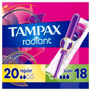 Tampax Radiant Tampons Duo Pack, Unscented, Regular/Super, 38 CT