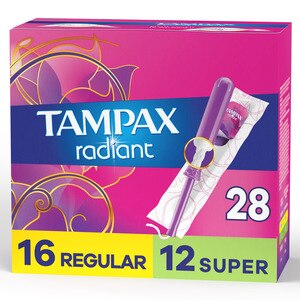 Tampax Pocket Radiant Compact Tampons Duo Pack Regular/Super Absorbency, Unscented, 28 Count