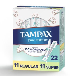 Tampax Pure Cotton Tampons, Contains 100% Organic Cotton Core, Unscented, Regular/Super, 22 CT
