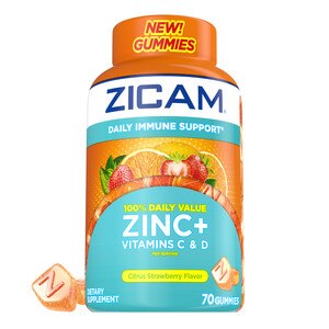 Zicam Daily Immune Support Gummies, Zinc + Vitamins C & D, Citrus Strawberry Flavor, 70 CT