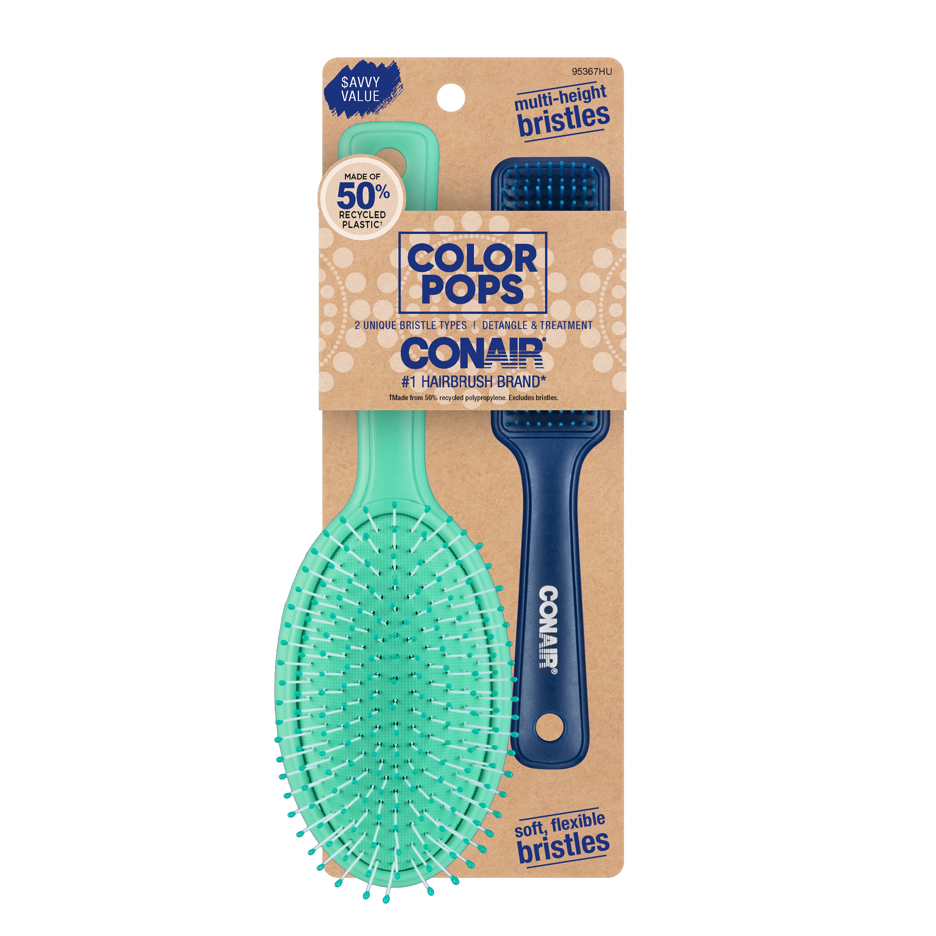 Conair Color Pops 2pc Detangle Cushion Brush and Mid-Size Detangling All-Purpose Hairbrush Set