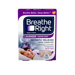 Breathe Right - Tiras nasales sin medicamentos para el alivio de la congestión nasal, fragancia Calming Lavender, 10 u.