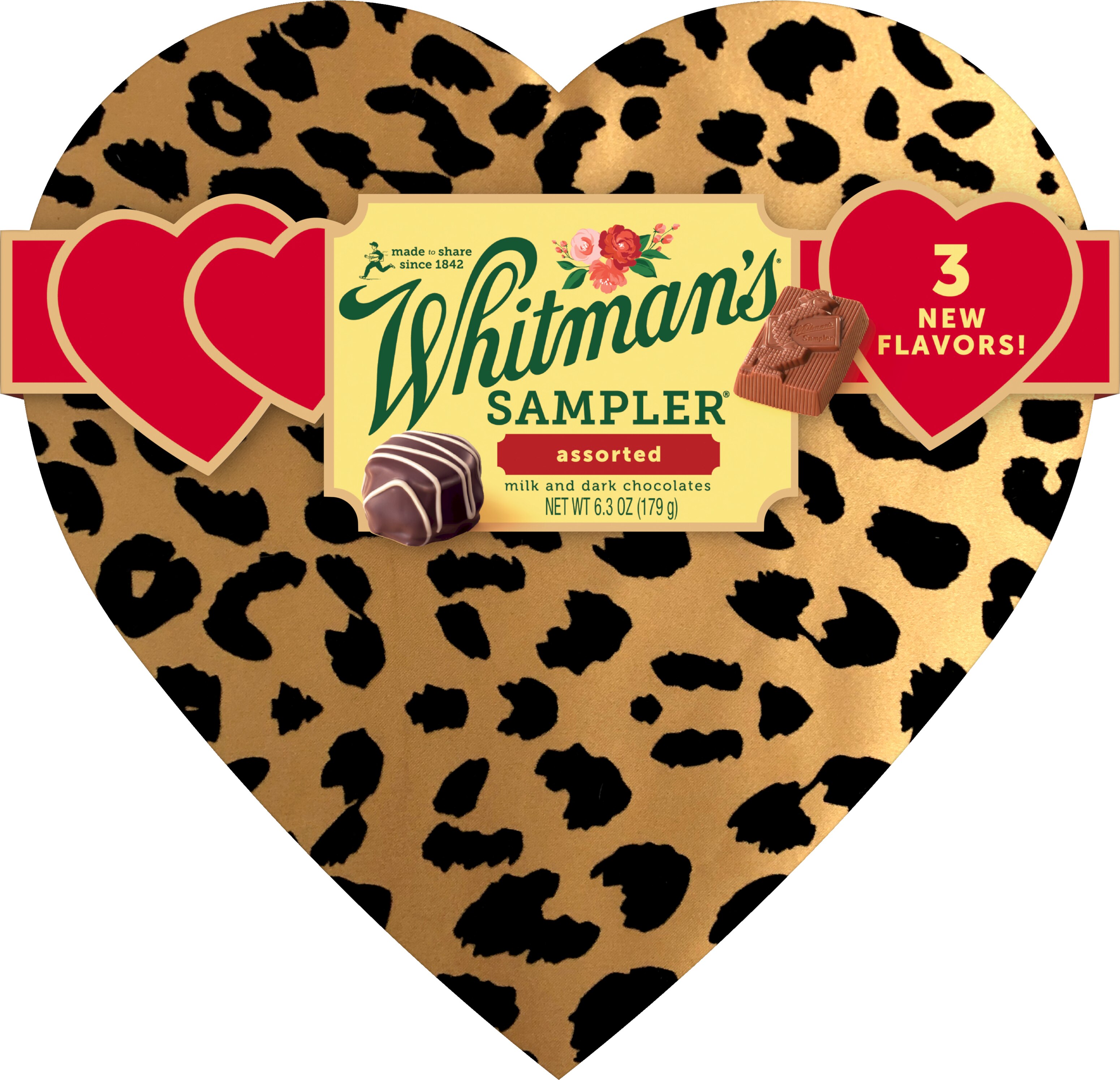 Whitman's Sampler Valentine's Day Cheetah Heart Assorted Milk Chocolate & Dark Chocolate Gift Box, 6.25 o