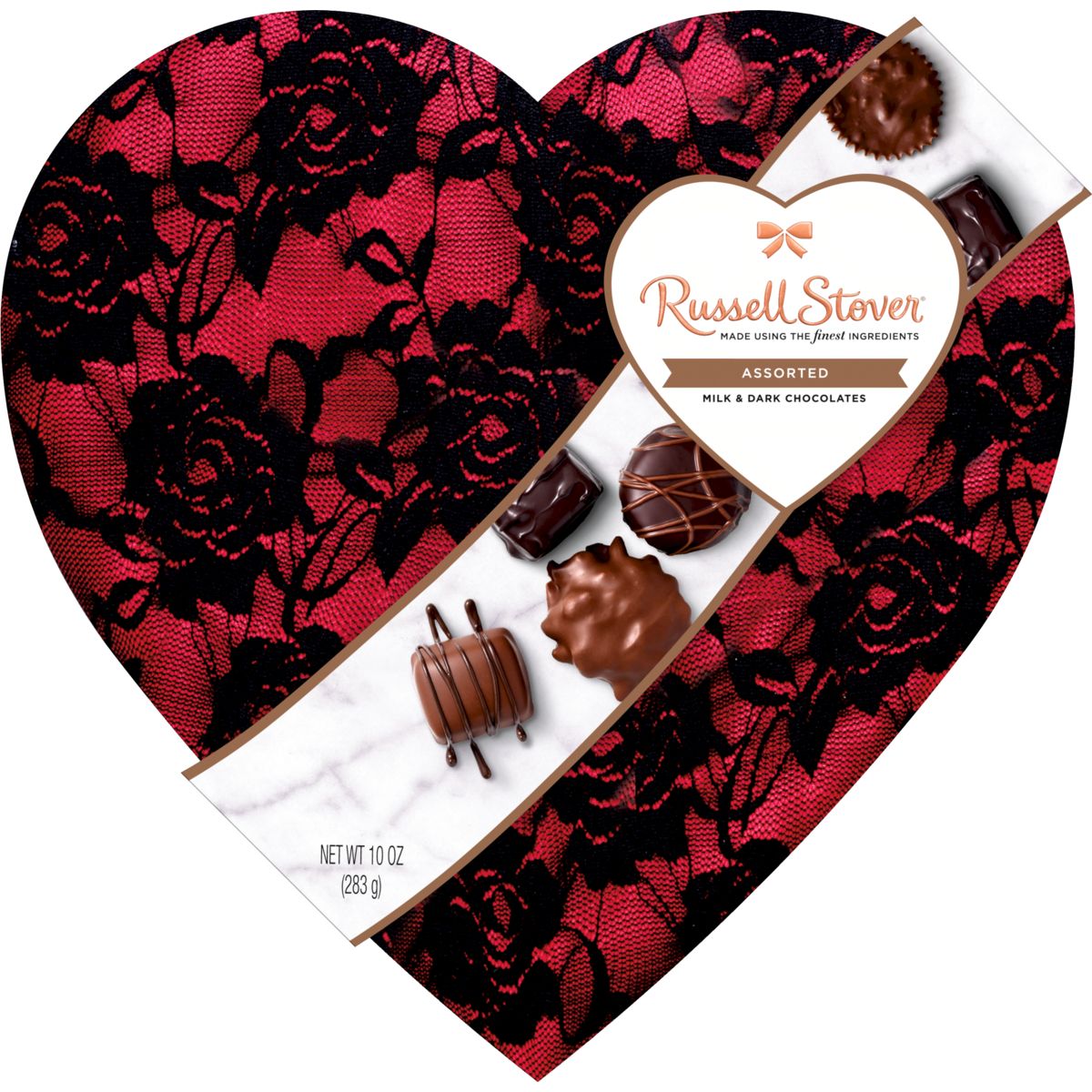 Russell Stover Valentine's Day Secret Lace Heart Assorted Milk Chocolate & Dark Chocolate Gift Box, 10 oz