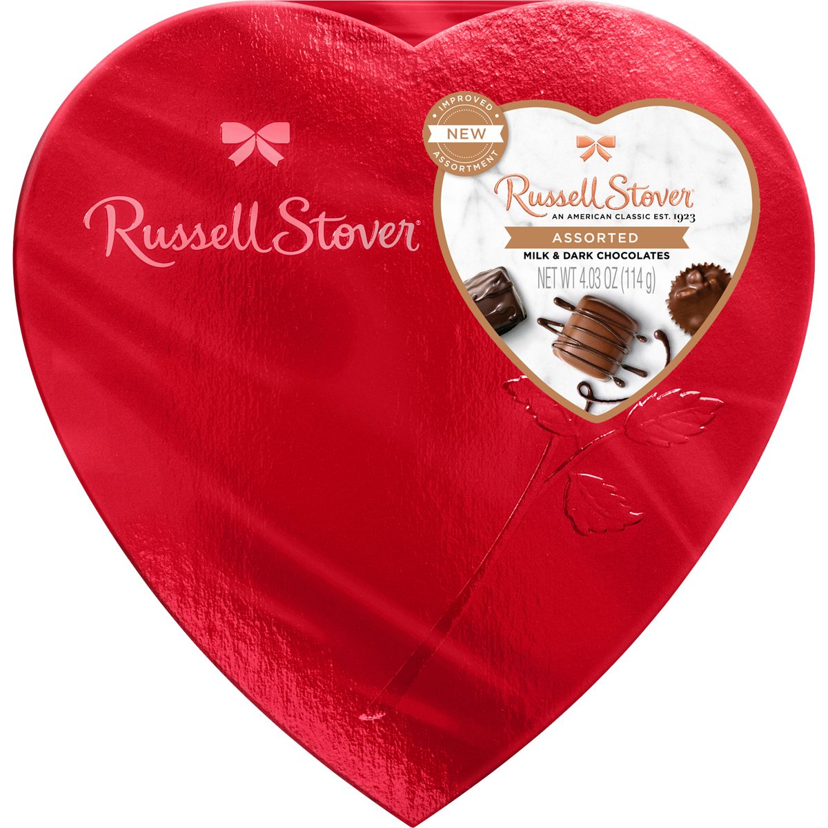 Russell Stover Valentine's Day Red Foil Heart Assorted Milk Chocolate & Dark Chocolate Gift Box, 4.03 oz