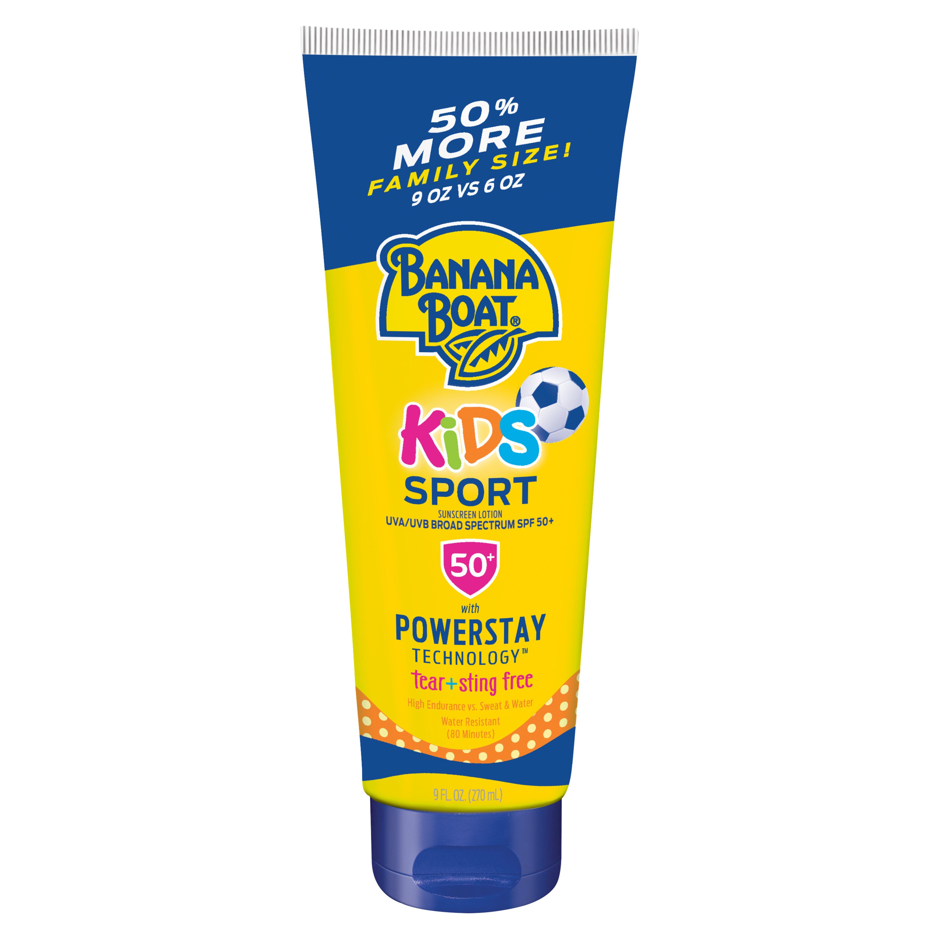 Banana Boat Kids Sport - Loción de protección solar de amplio espectro, no arde, no irrita los ojos, FPS 50+, 9.5 oz