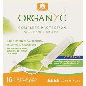 Organyc Organic Cotton Organic-Based Compact Applicator Tampons for Sensitive Skin, Super Plus, 16CT