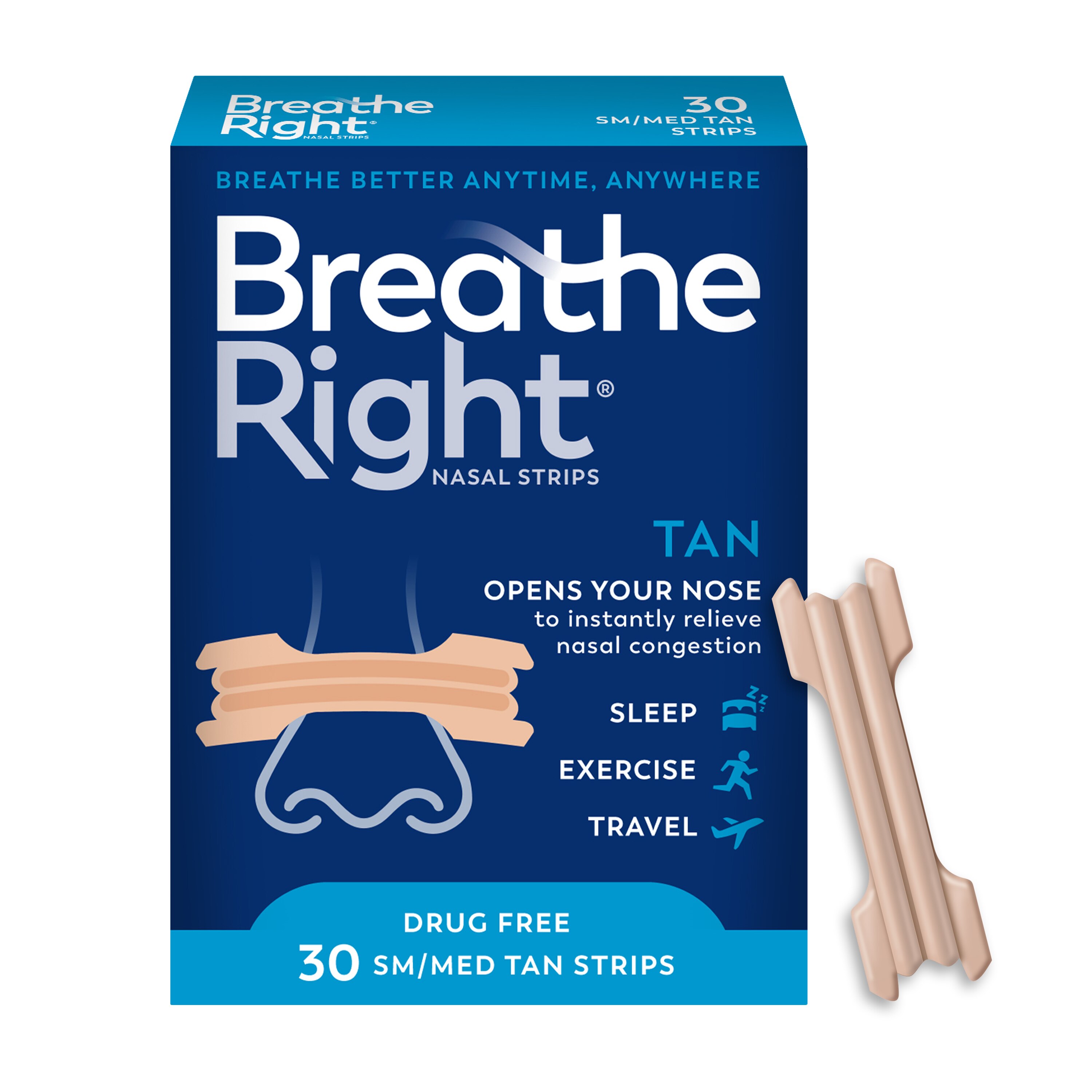 Breathe Right Original Nasal Strips, Drug-Free, Tan, 30 CT