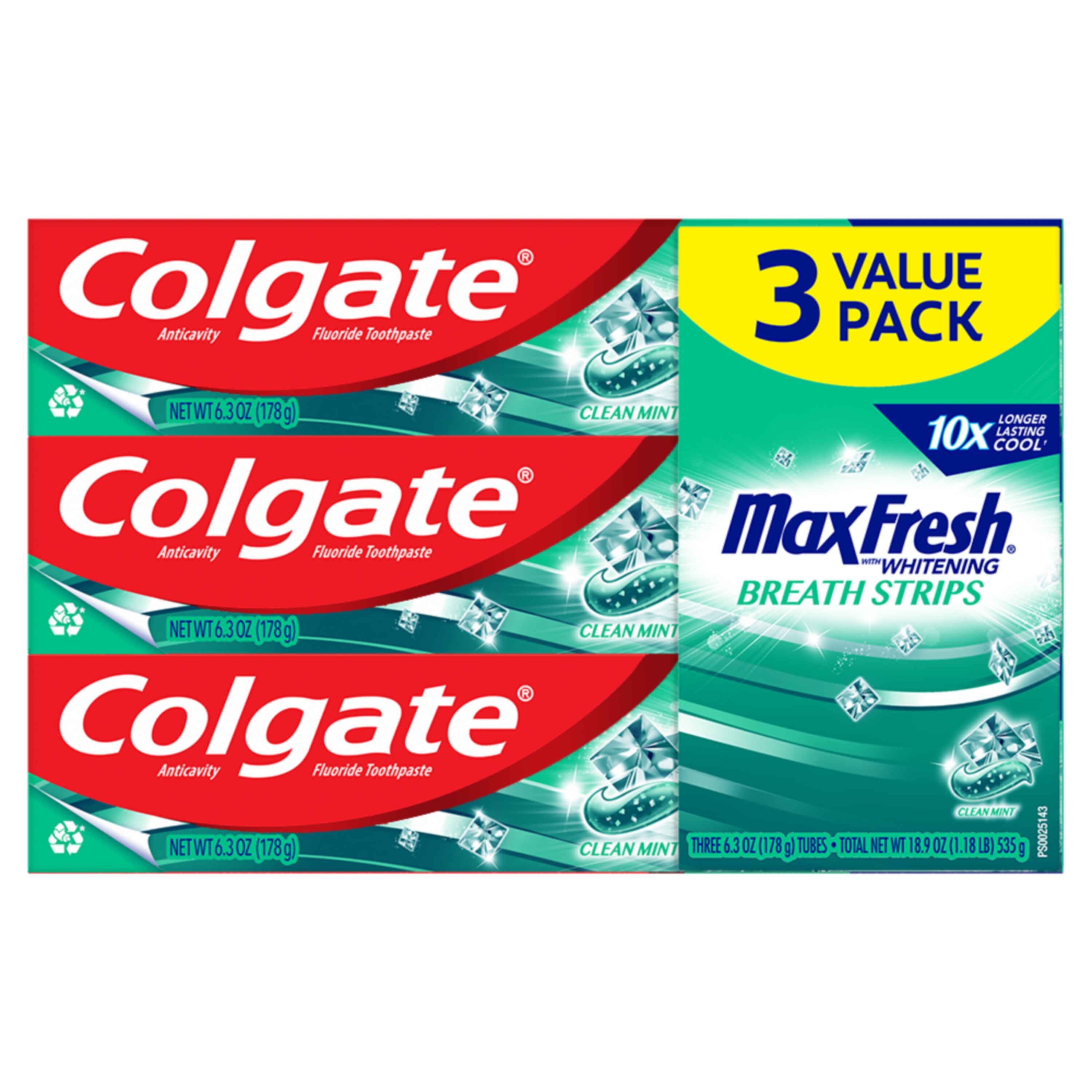Colgate Max Fresh Whitening Anticavity Fluoride Toothpaste With Breath Strips, Clean Mint, 6.3 OZ, Three Pack , CVS