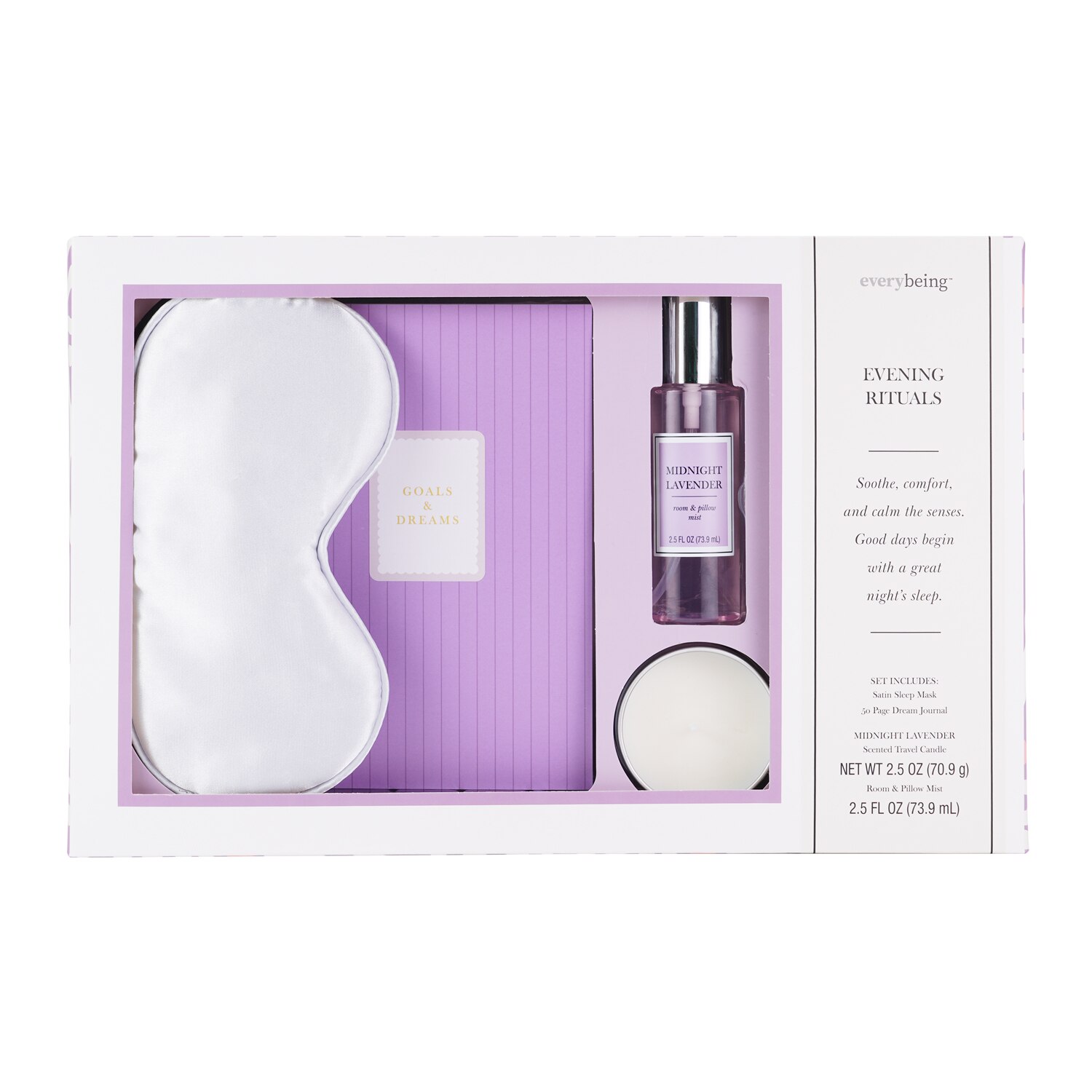 Everybeing Evening Rituals PM Gift Set (Includes Satin Sleep Mask, 50 Page Dream Journal, Midnight Lavender Scented Travel Candle And Room & Pillow Mi