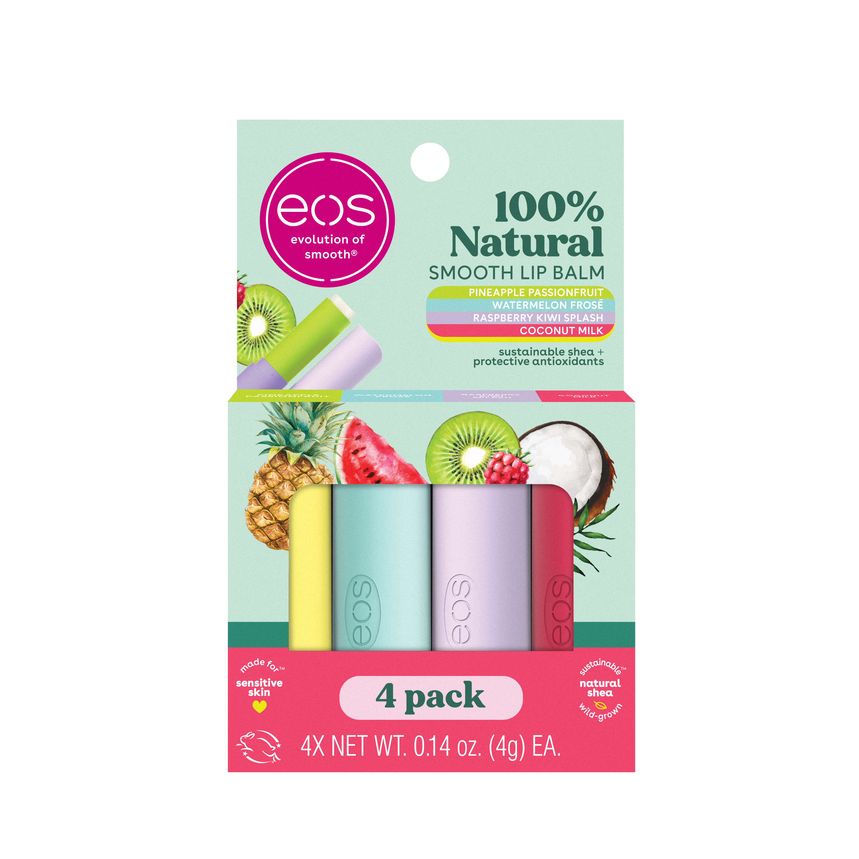 eos 100% 4-Pack Lip Balm Sticks, Natural Fruity Variety, 4 Pack