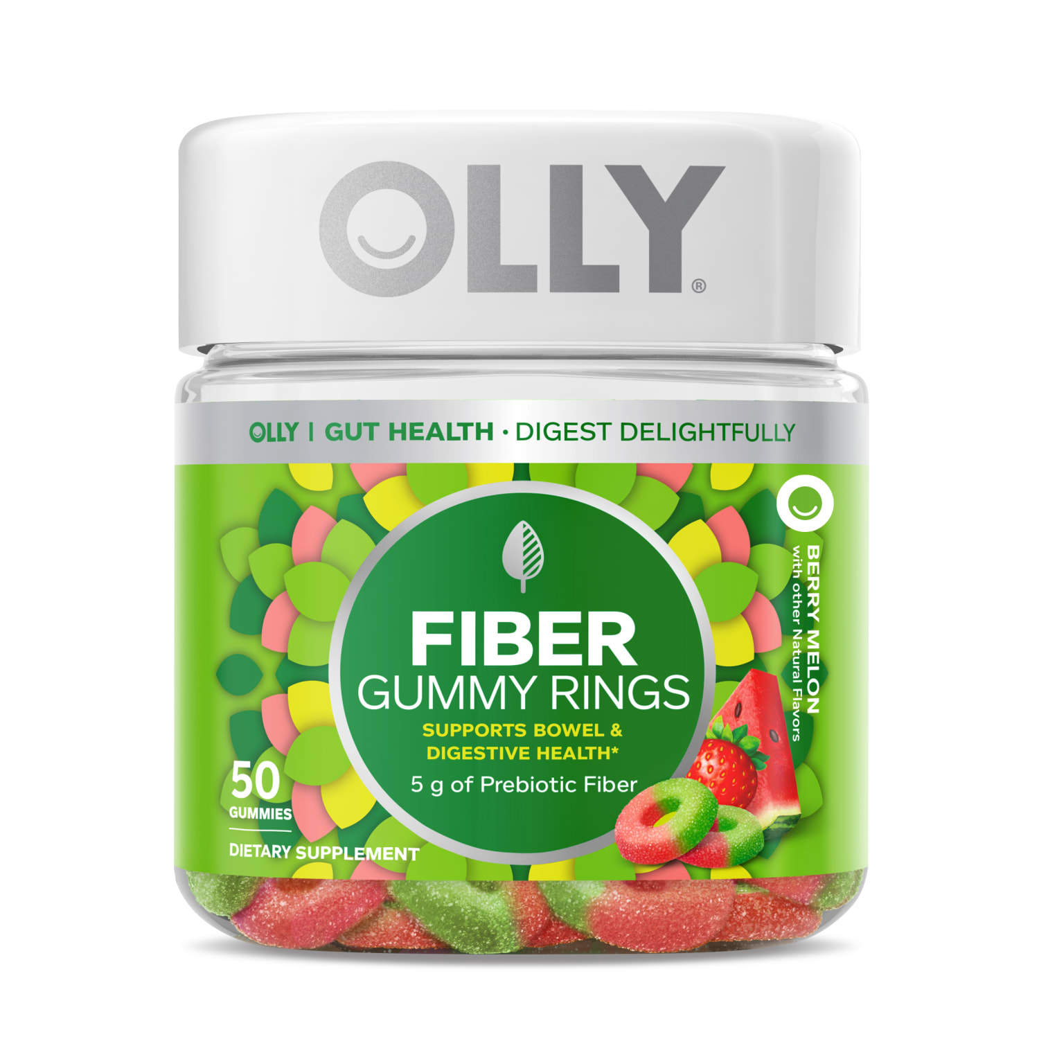 OLLY Fiber Gummy Rings, FOS, 5 g Prebiotic Strawberry Watermelon Flavor, 50CT