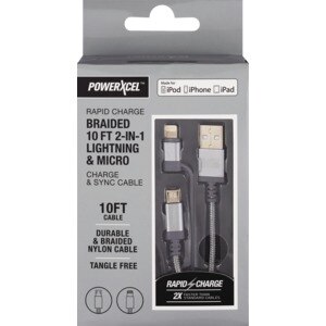 PowerXcel Rapid Charge Braided 2-In-1 Lightning & Micro Charge & Sync Cable, Silver, 10 Ft , CVS
