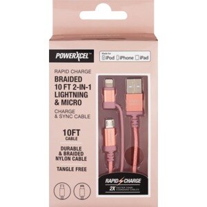 Rapid Charge Braided 10Ft 2-In-1 Lightning & Micro Charge & Sync Cable, Rose Gold