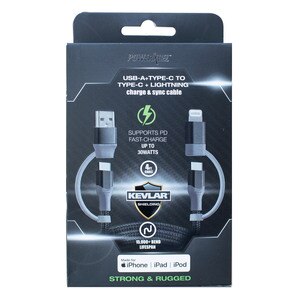 PowerXcel 4 In 1 Charge and Sync Cable with Kevlar Shielding- USB A, Type C to Type C, Lightning