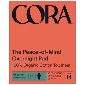 CORA The Peace-of-Mind Overnight Pad with Organic Cotton Topsheet, Overnight Absorbency, 14 CT