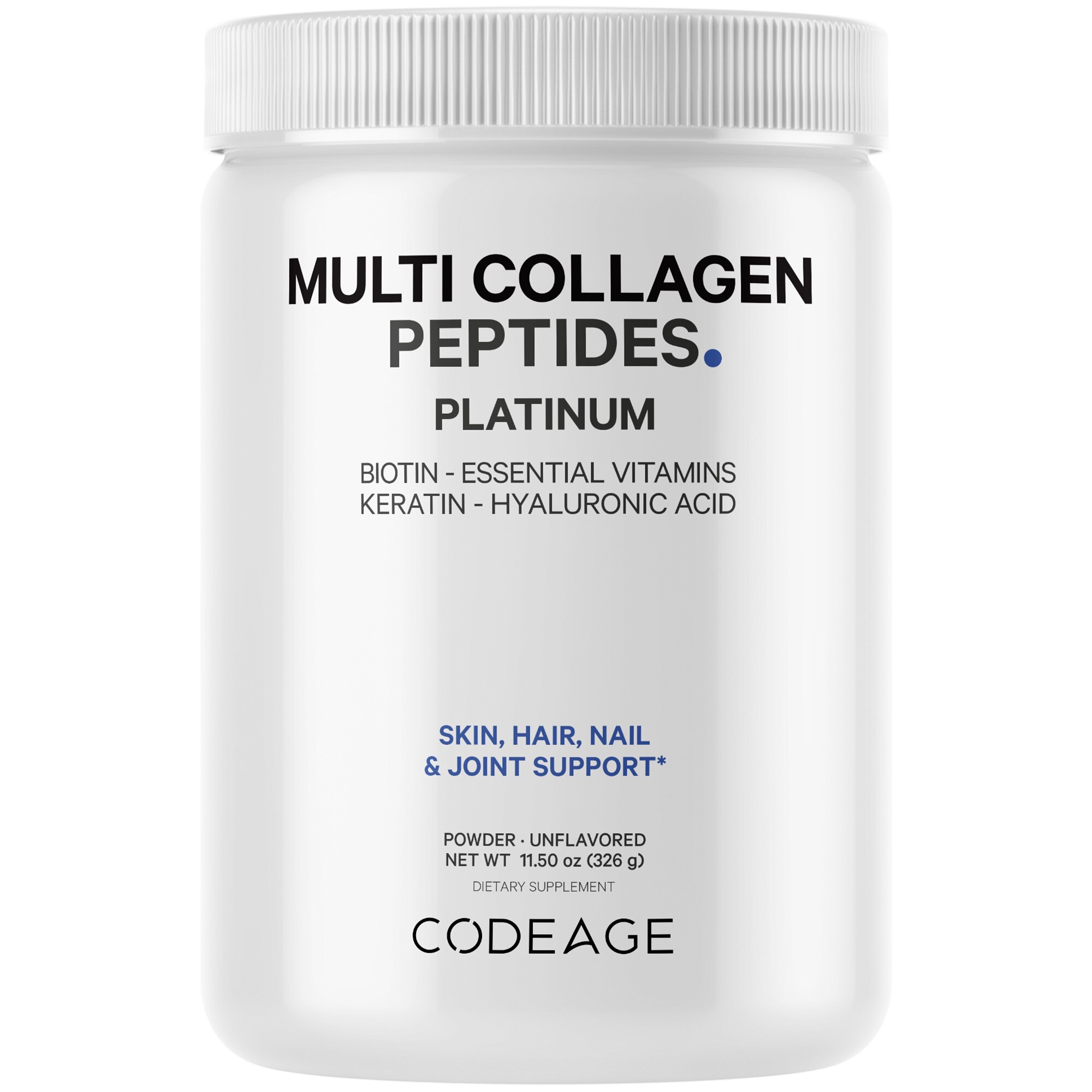 Codeage Multi Collagen Protein Powder Platinum, Biotin, Vitamin C, B, D3, Keratin, Hyaluronic Acid, 11.5 OZ