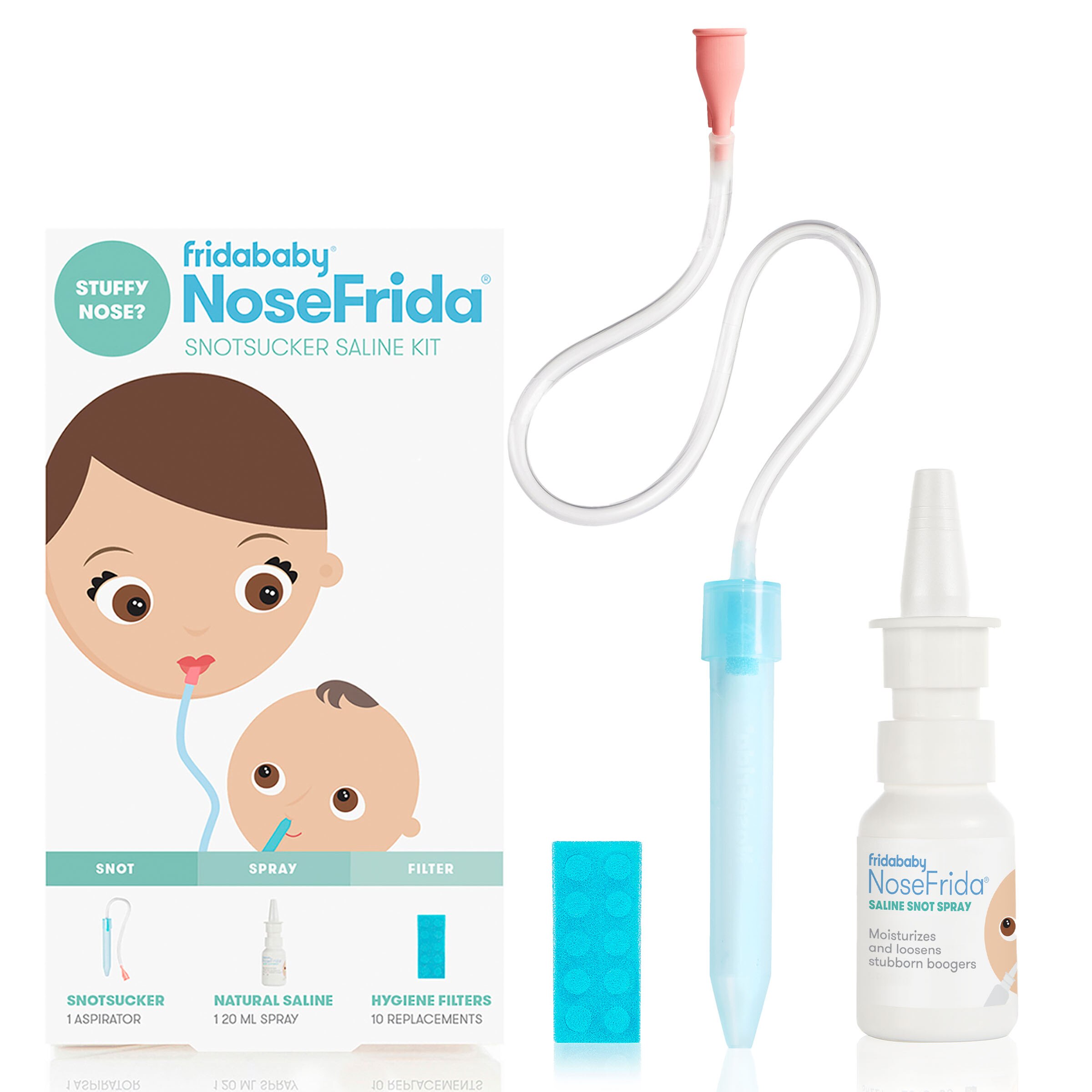 Baby Nasal Aspirator NoseFrida the Snotsucker with 10 Extra Hygiene Filters and All-Natural Saline Nasal Spray by Frida Baby