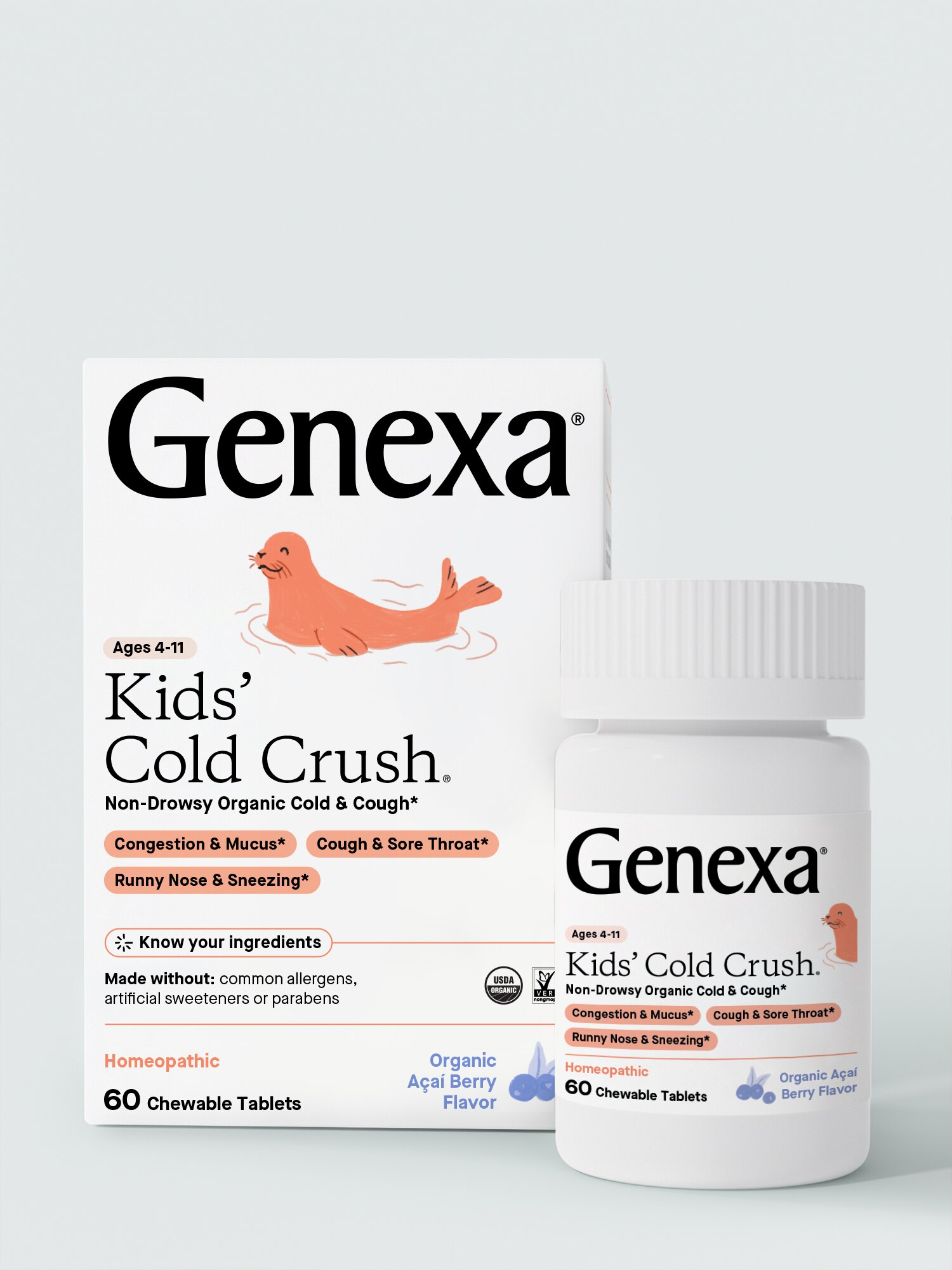 Genexa Kid's Cold Crush - Tabletas masticables para el resfrío, pediátricas, Organic Acai Berry, 60 u.