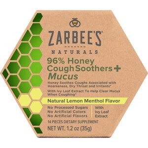 Zarbee's Naturals 96% Honey Cough Soothers + Mucus with Ivy Leaf Extract, Lemon Menthol, 14 Count