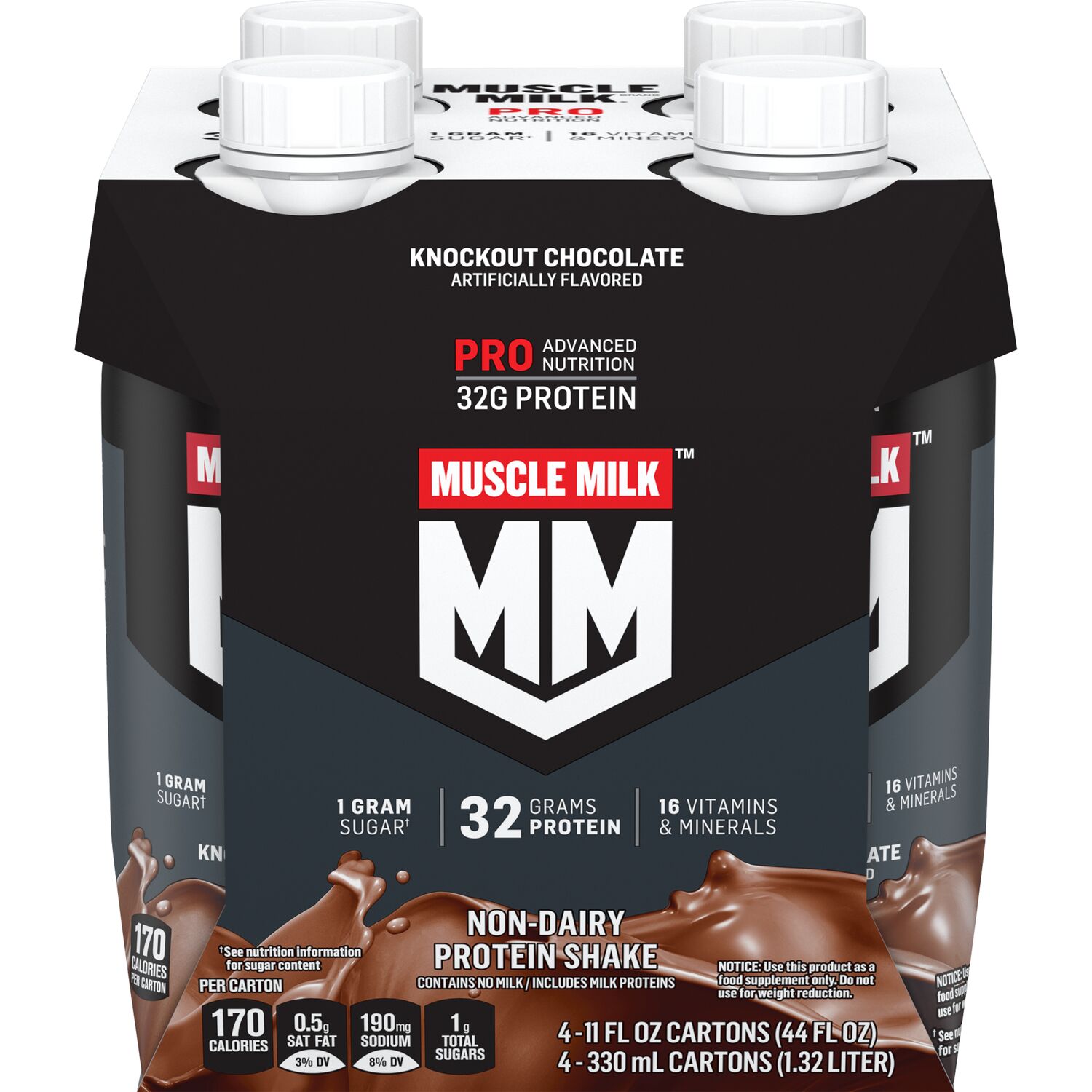 Muscle Milk Pro Series Protein Shake, Non Dairy, Knockout Chocolate, 4 CT, 11 Oz , CVS