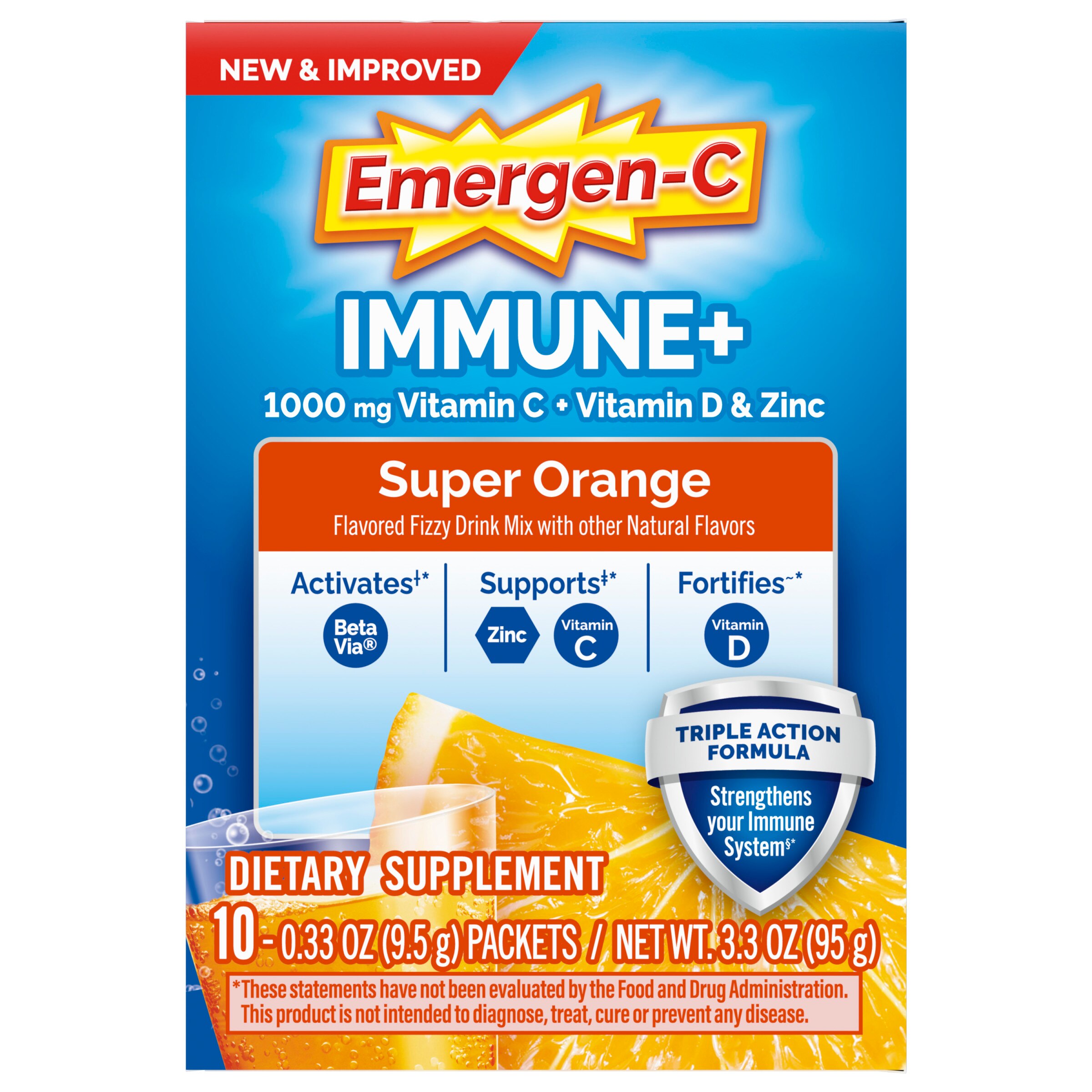 Emergen-C Immune+ (Super Orange) - Mezcla para preparar bebida de suplemento dietario, 10 u.