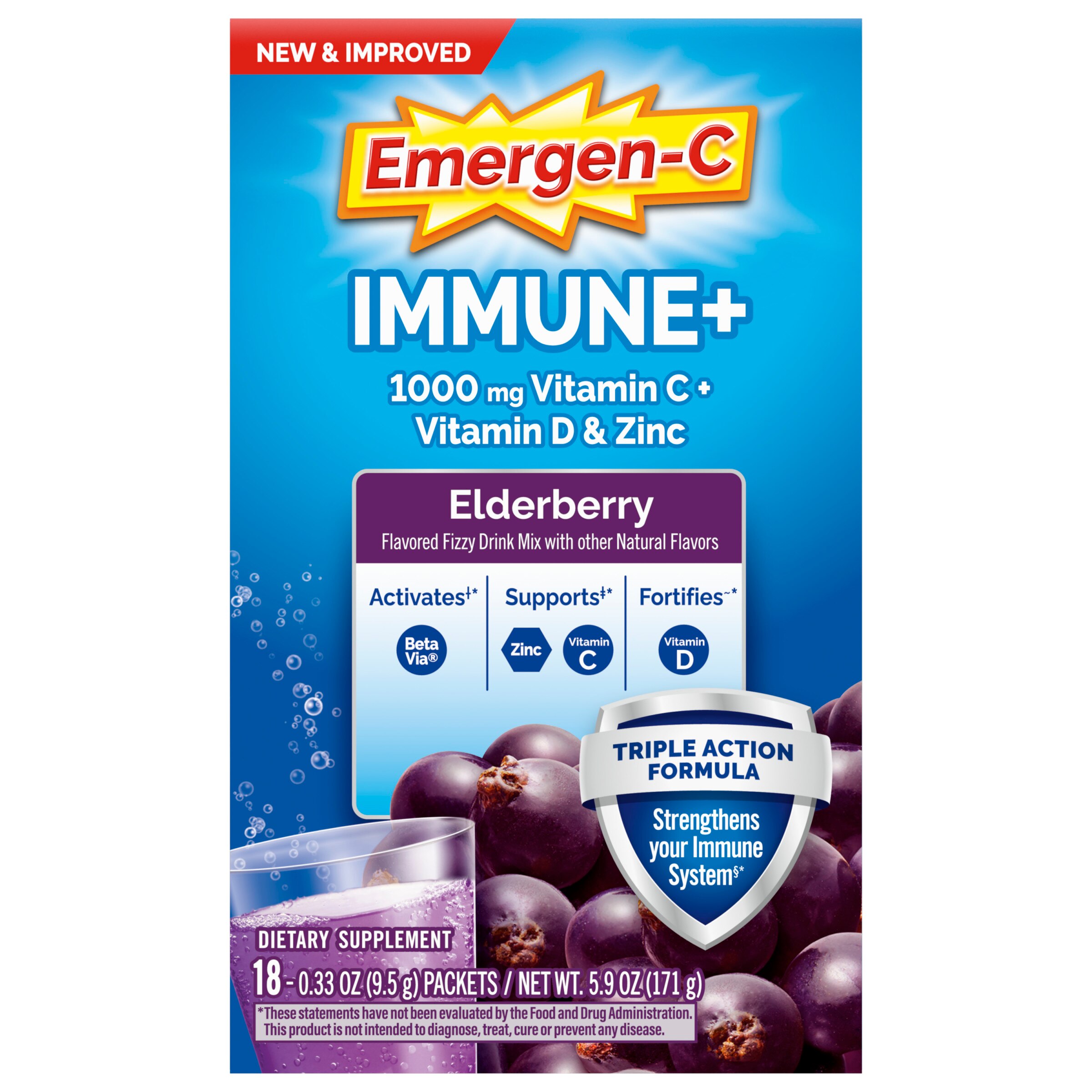 Emergen-C Immune+ Vitamin C 1000mg Immune Support Drink Mix Powder Packets, Elderberry Flavor - 18 Count