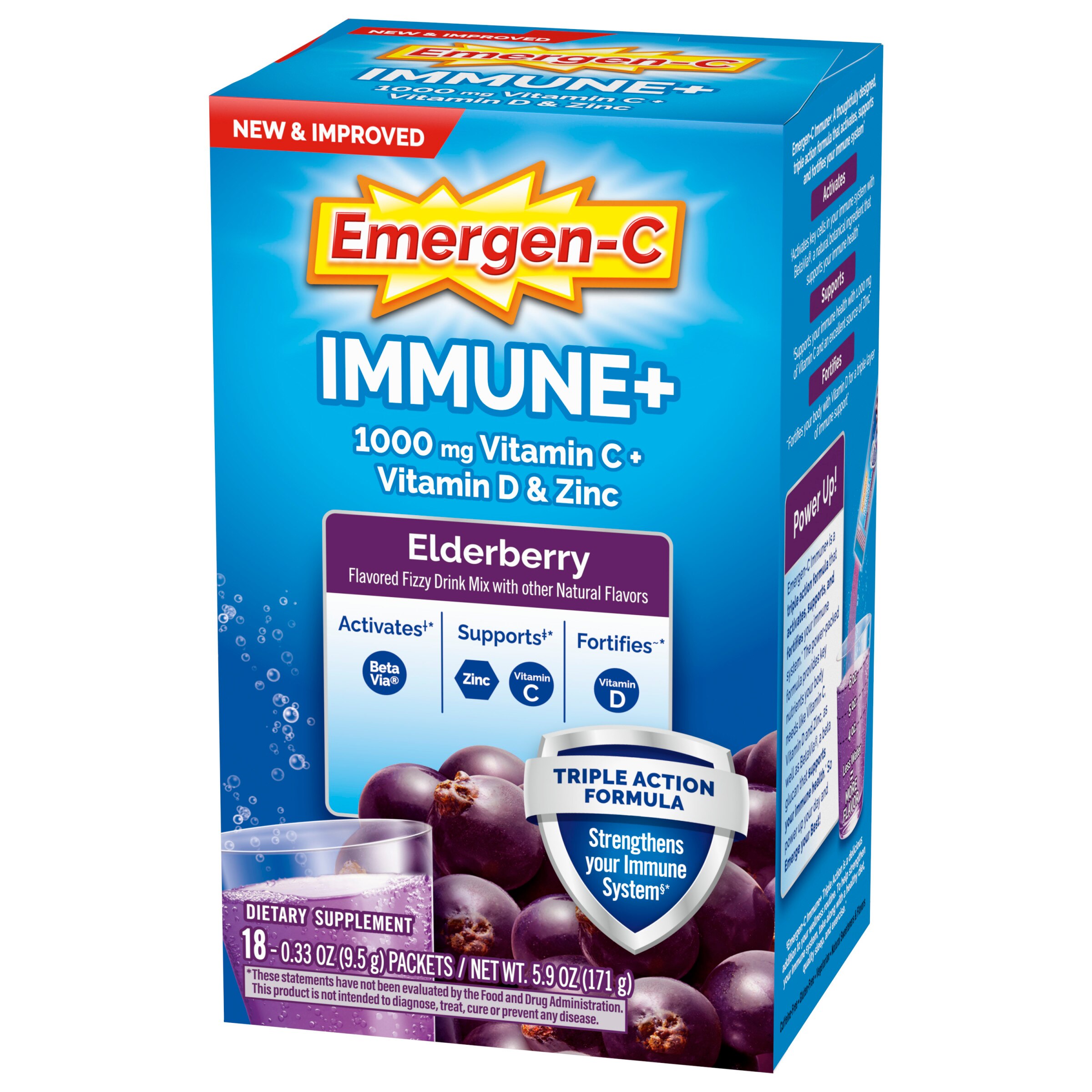 Emergen-C Immune+ Vitamin C 1000mg Immune Support Drink Mix Powder Packets, Elderberry Flavor - 18 Count