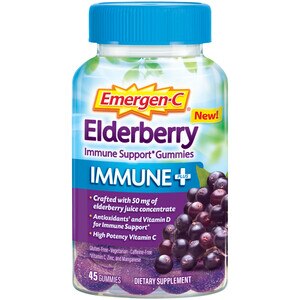 Emergen-C Immune+ Elderberry - Gomitas, 750 mg, suplemento dietario para reforzar el sistema inmunitario con vitamina C, con vitamina D, cinc y electrolitos, sin cafeína, sin gluten, sabor Elderberry, 45 u.