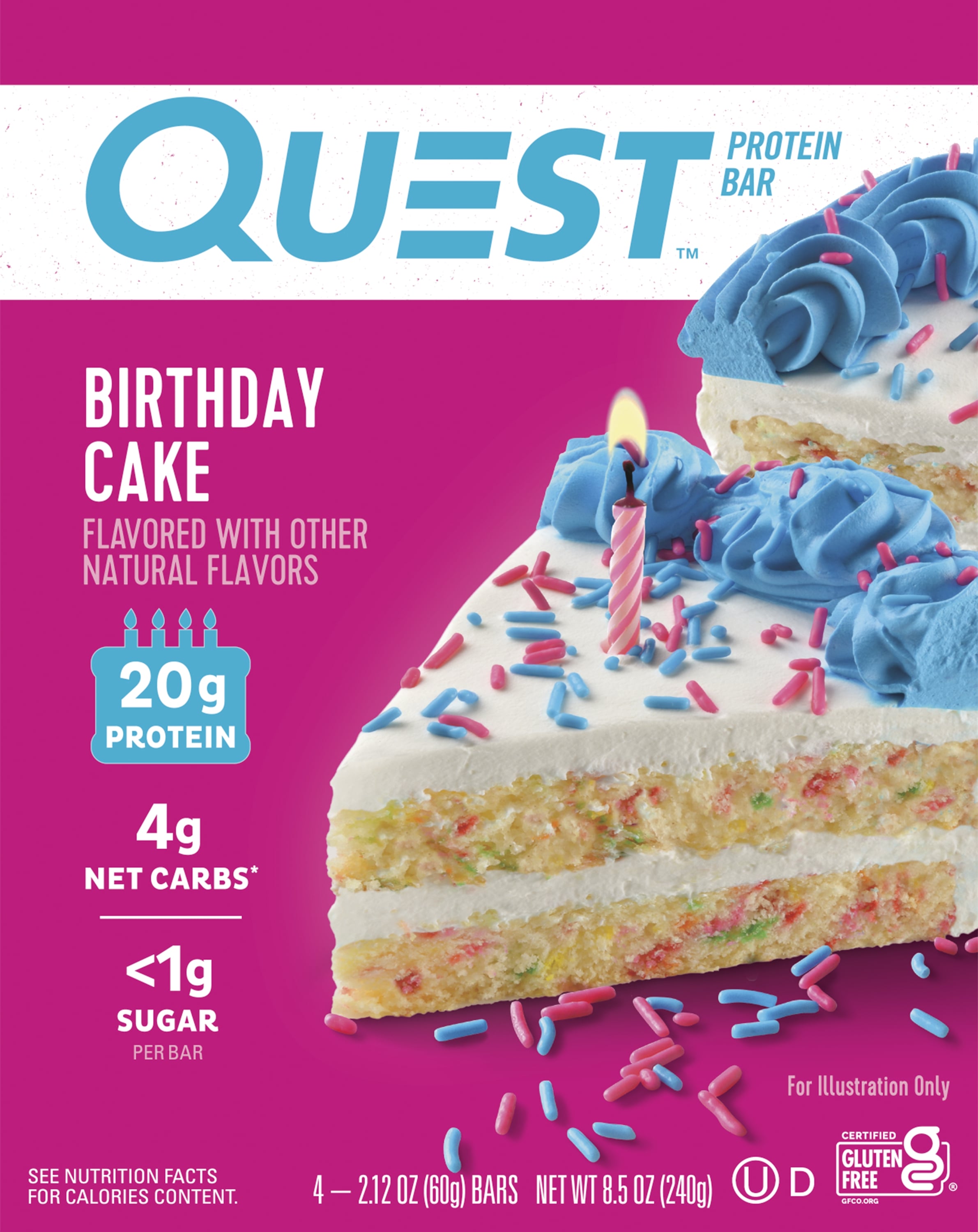Quest Nutrition - Barra de proteínas, rica en proteínas, baja en carbohidratos, sin gluten, apta para dieta Keto, Birthday Cake, 4 u.