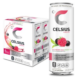 CELSIUS Raspberry Acai Green Tea Non-Carbonated Fitness Drink, Zero Sugar, 4 Pack, 12 OZ