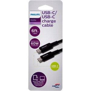 Philips USB-C To USB-C Cable, 6 Ft, 60 W, Black , CVS