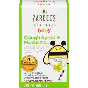 Zarbee's Naturals - Jarabe para la tos + mucosidad para bebés, Agave & Ivy Leaf, sabor Natural Grape, 2 oz líq. (1 caja)