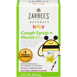  Zarbee's Naturals Baby Cough Syrup + Mucus with Agave & Ivy Leaf, Natural Grape Flavor, 2 Fl. Ounces (1 Box) 