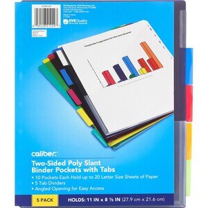 Caliber Poly Index Dividers With 2-Sided Slant Pockets, Assorted Colors, 5 CT