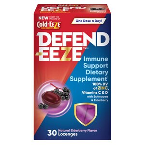 DEFEND-EEZE Immune Support Dietary Supplement Lozenges, 100% Daily Value of Zinc, Vitamin C & D with Echinacea & Elderberry, 30 CT