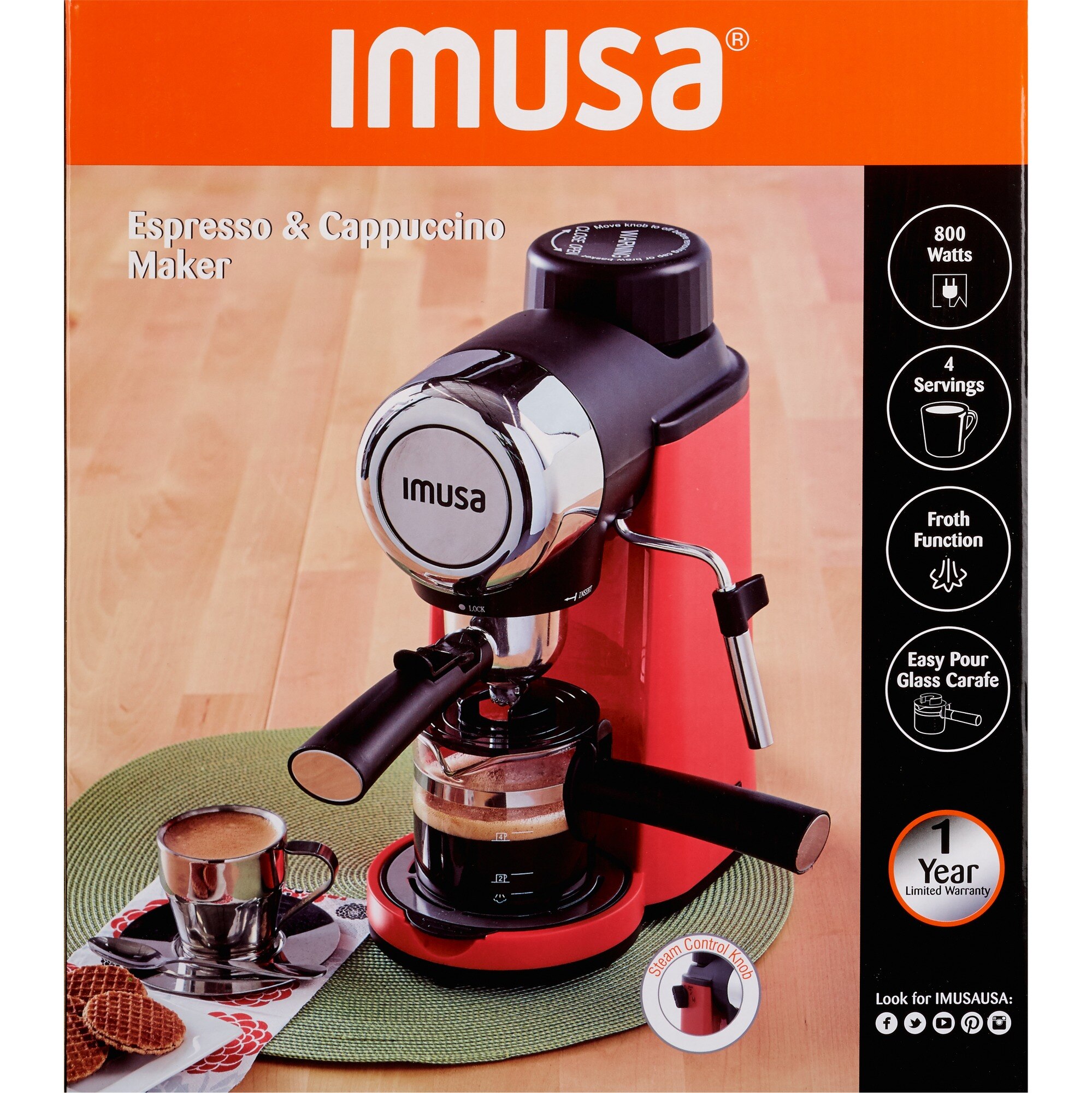 IMUSA 4 Cup Electric Espresso/Cappuccino Maker 800 Watts - Black