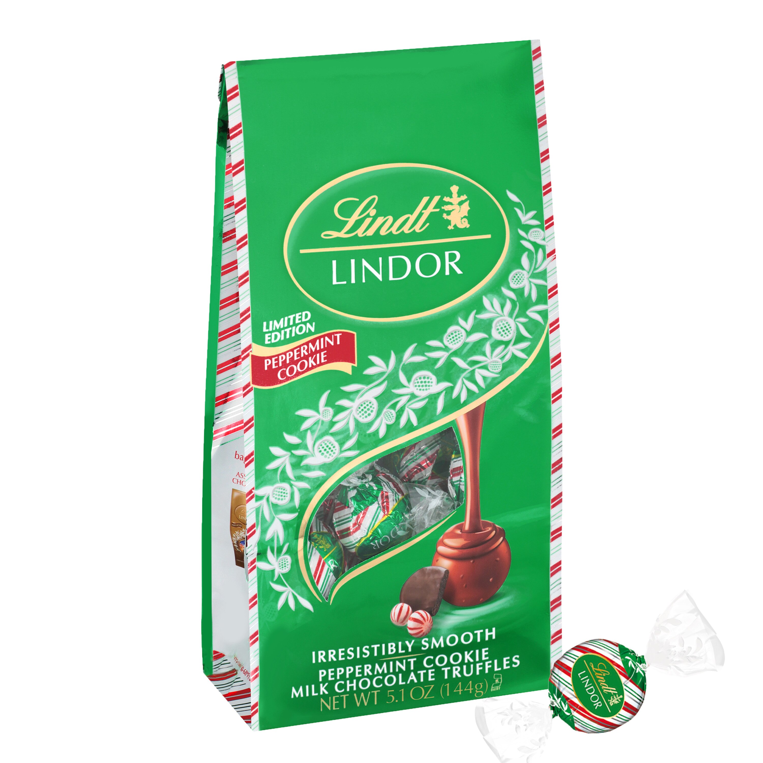 Lindt LINDOR Holiday Limited Edition Peppermint Cookie Milk Chocolate Candy Truffles with Smooth Peppermint Truffle Center, 5.1 oz. Bag