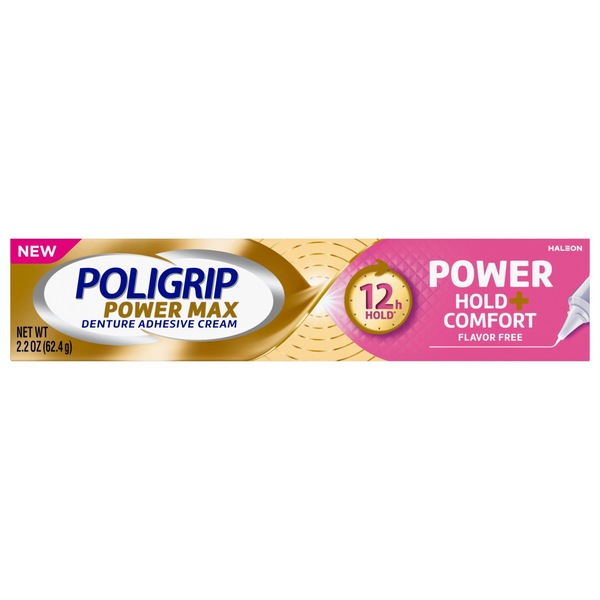 Poligrip Power Max Denture Adhesive Cream, Flavor Free, 2.2 OZ