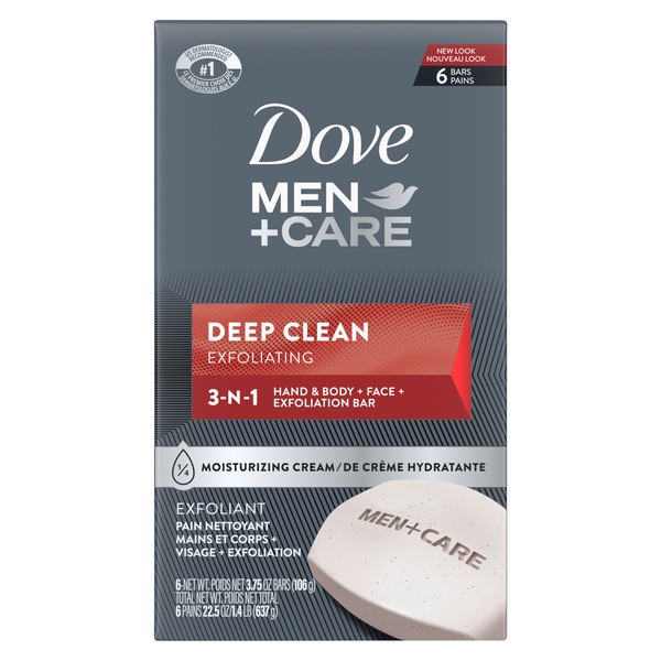 Dove Men+Care Deep Clean - Jabón hidratante para cuerpo y rostro, más hidratante que el jabón de tocador, 3.75 oz, 6 u.