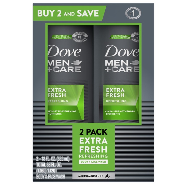 Dove Men+Care Extra Fresh - Gel de ducha para cuerpo y rostro, 18.2 oz, 2/paquete