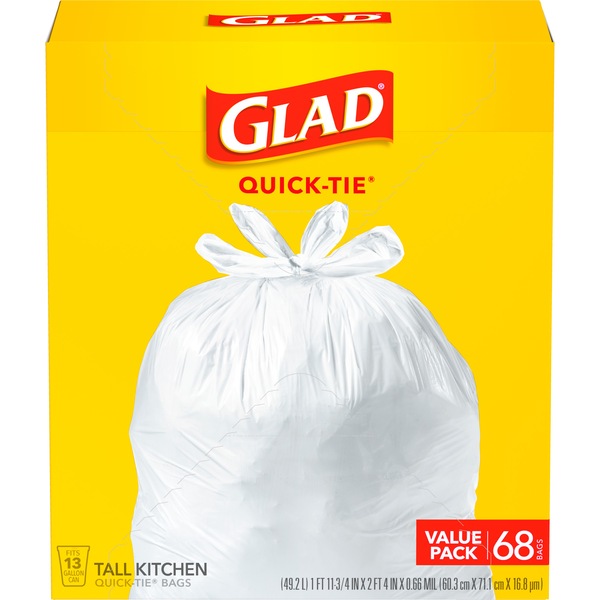 Glad Quick-Tie Tall Kitchen Trash Bags, 13 Gal, 68 ct