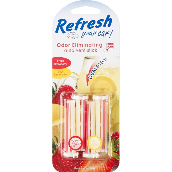Refresh Your Car Odor Eliminating Dual Scent Vent Stick, Fresh Strawberry & Cool Lemonade, 4 ct